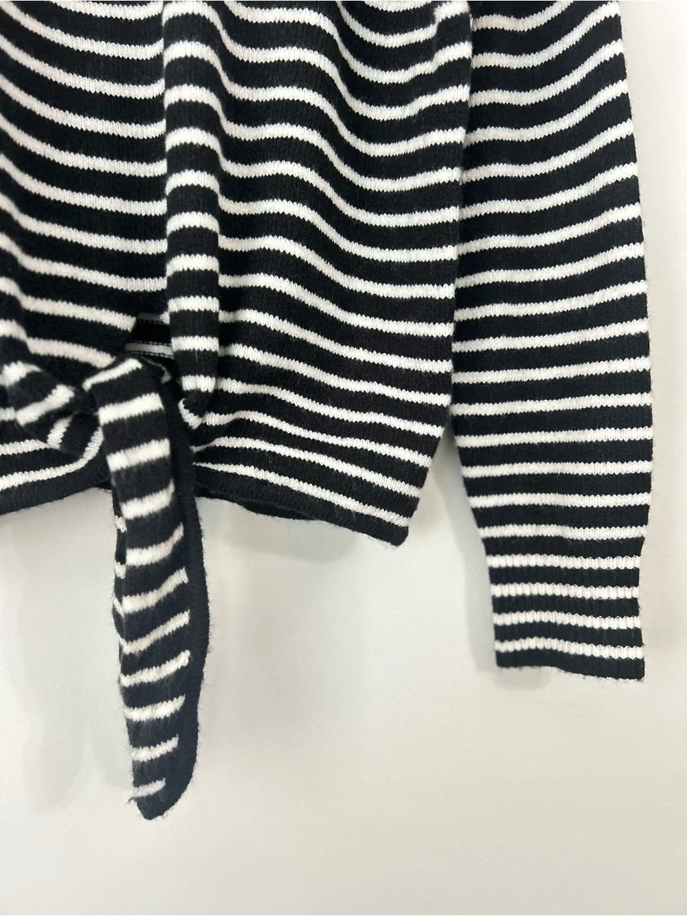 NWT LOFT Womens Sweater Black White Striped Pullover Wool Mock Neck Front Tie S